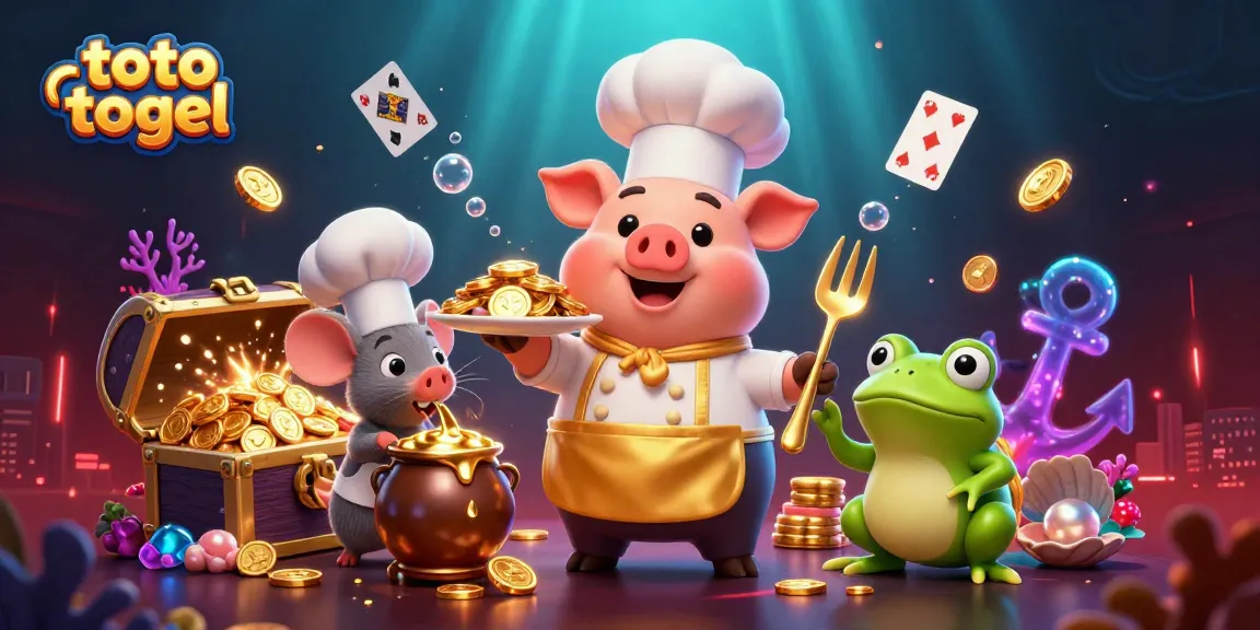 Engage in toto togel with a vibrant scene featuring a chef pig and gold coins, set underwater.