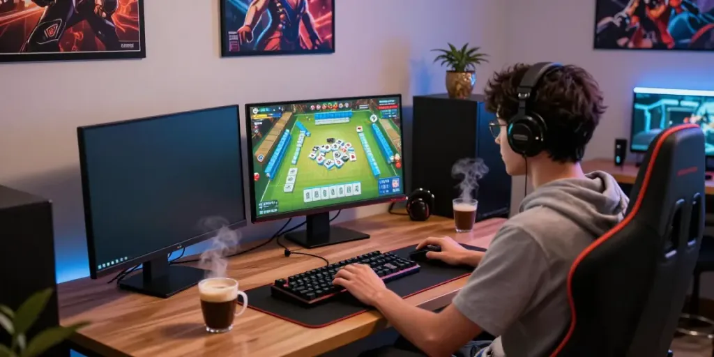 Pengguna bermain game Mahjong118 di ruang gaming modern dengan suasana nyaman.