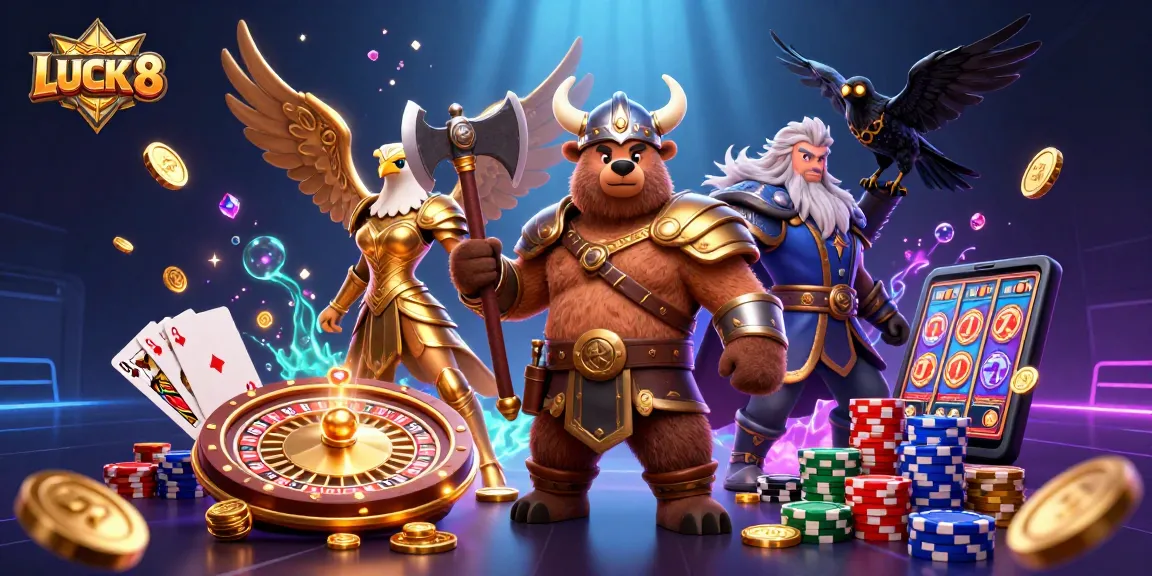 ENGAGE in the excitement of LUCK 8 with a dynamic casino-themed illustration featuring vibrant characters and game elements.