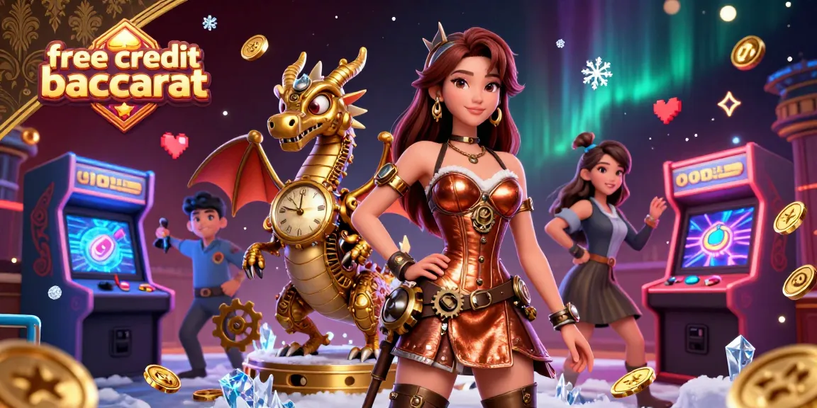 Experience free credit baccarat with a stunning steampunk dragon and colorful gaming elements.