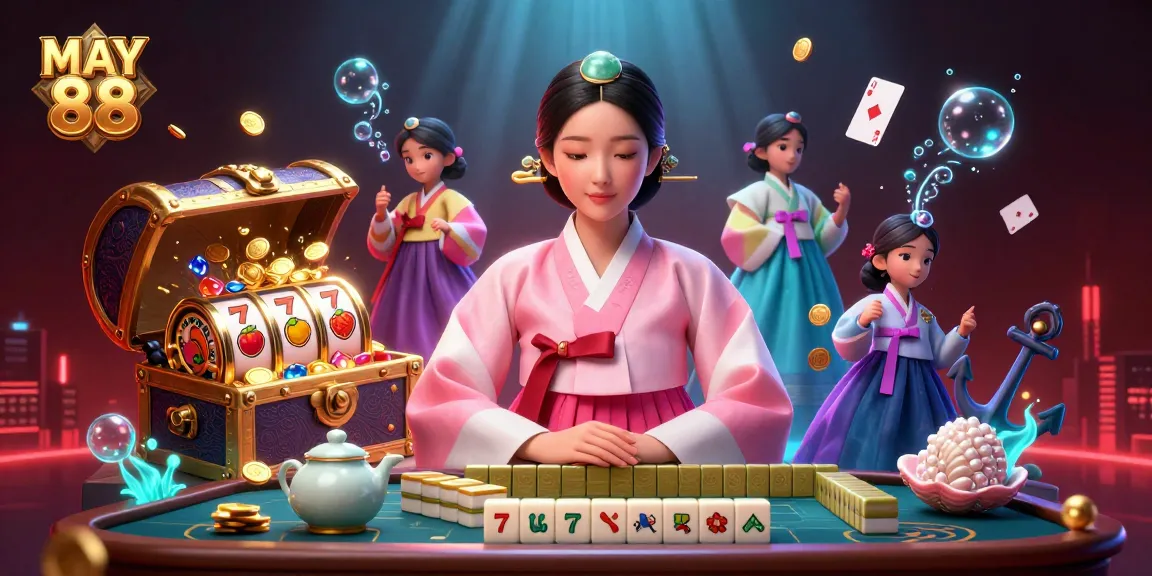 MAY 88 showcases a captivating scene of an elegant Asian woman in a serene casino setting, featuring floating playing cards and slot machines.