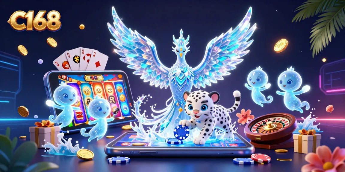 Experience thrilling gaming at C168 with a playful snow leopard cub and vibrant slot elements.