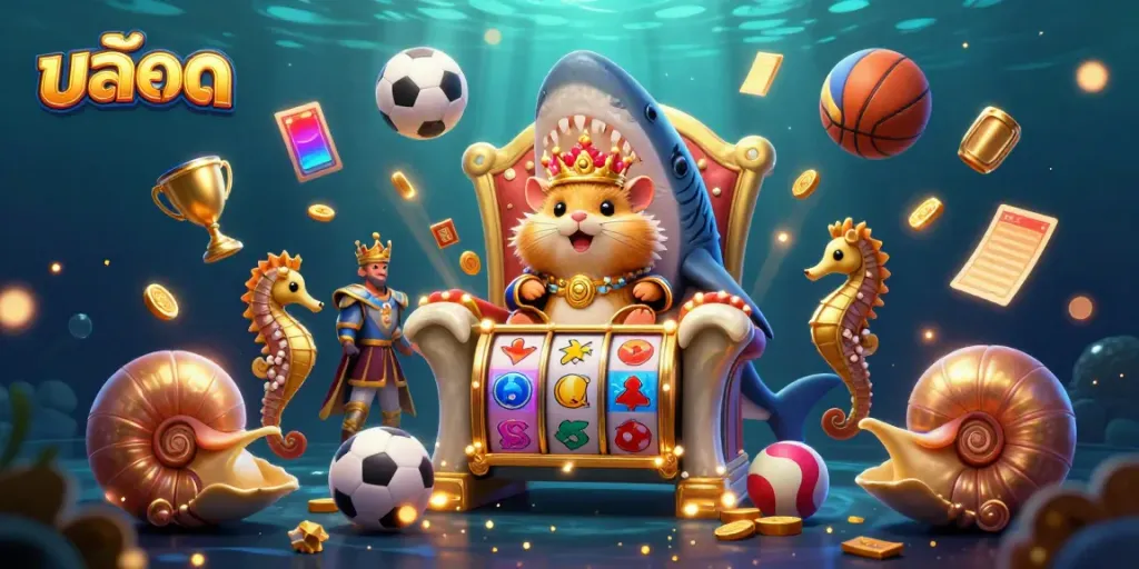Spin สล็อต slots with a golden hamster king on a megalodon throne, surrounded by dazzling game elements.