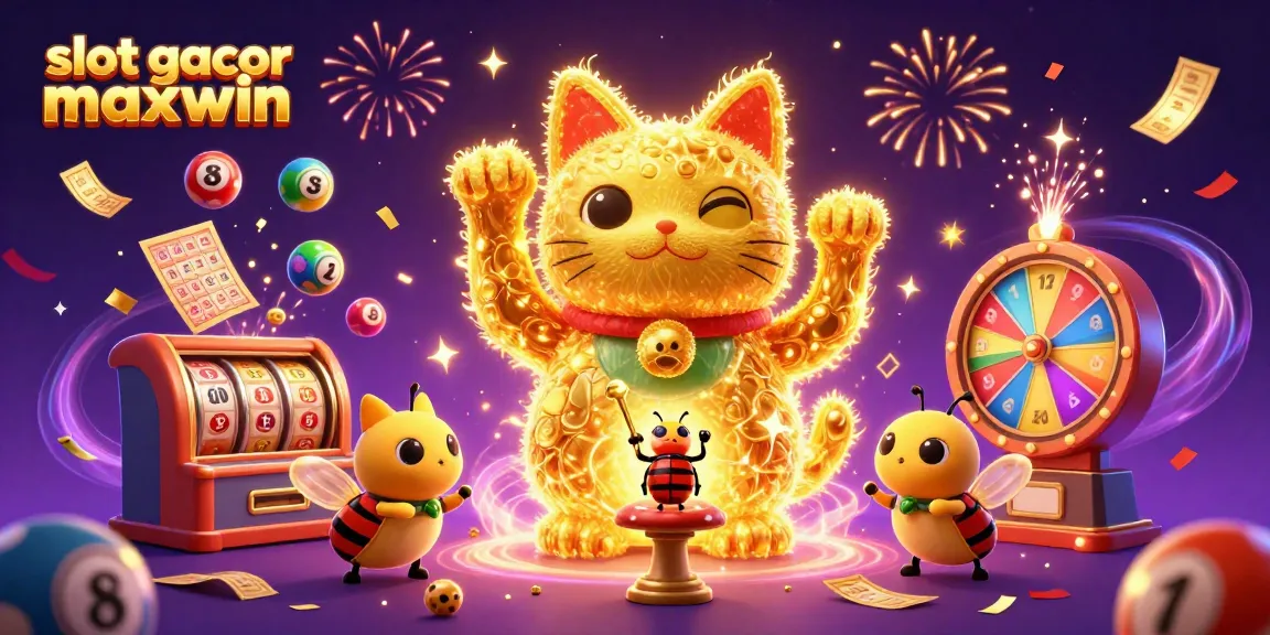 Slot gacor maxwin: Merayakan keberuntungan dengan simbol dan karakter kasino yang ceria.
