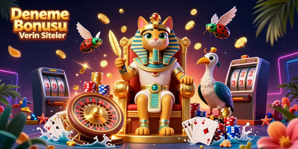 Engage with Deneme Bonusu Veren Siteler in this vibrant casino scene featuring an Egyptian pharaoh cat.