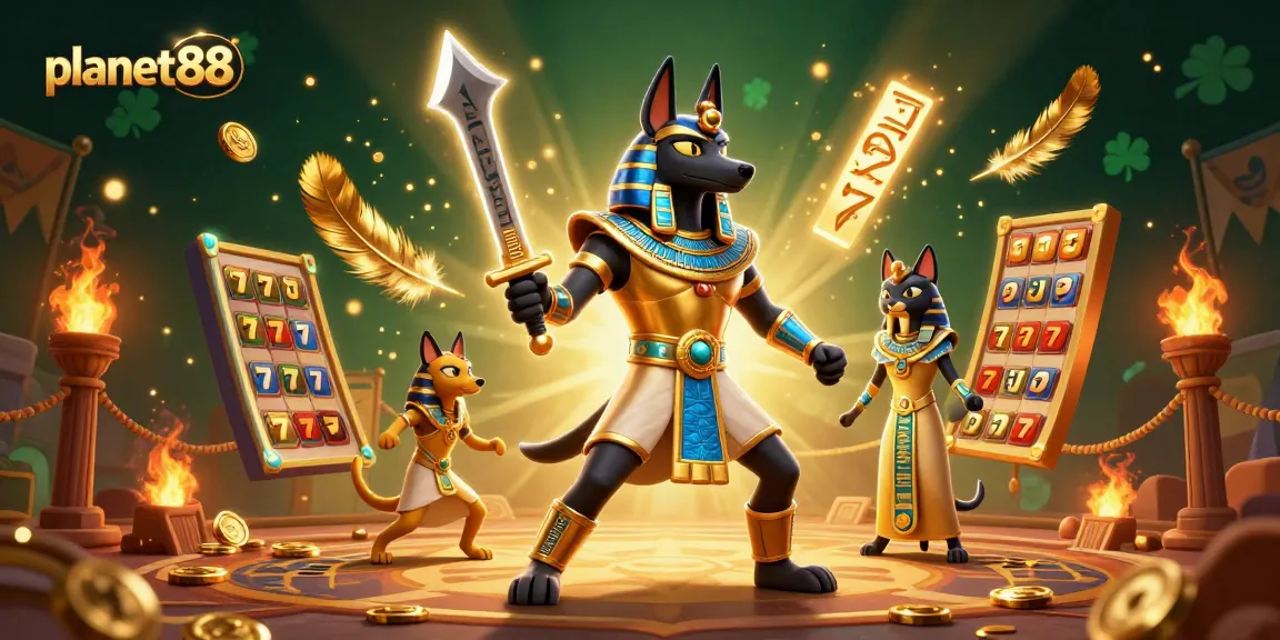 Spin and win big at planet88 with ancient Egyptian warriors and slot reels amidst vibrant casino elements.