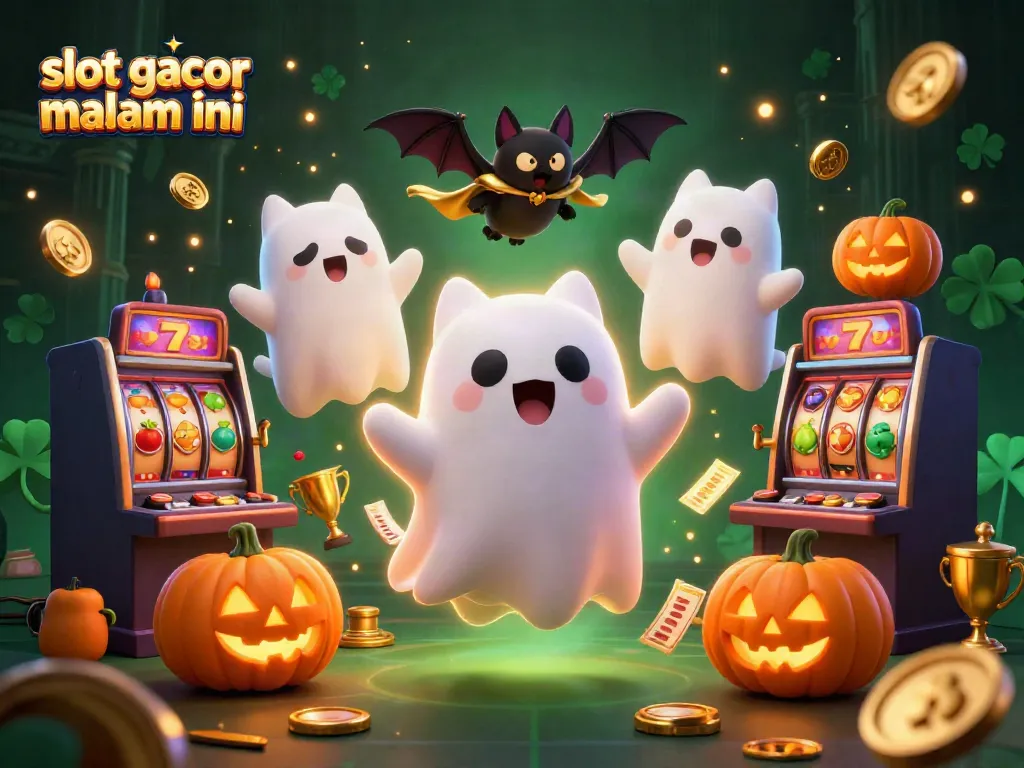 Jelajahi slot gacor malam ini di kasino dengan kucing hantu dan vampir, simbol keberuntungan menyala.