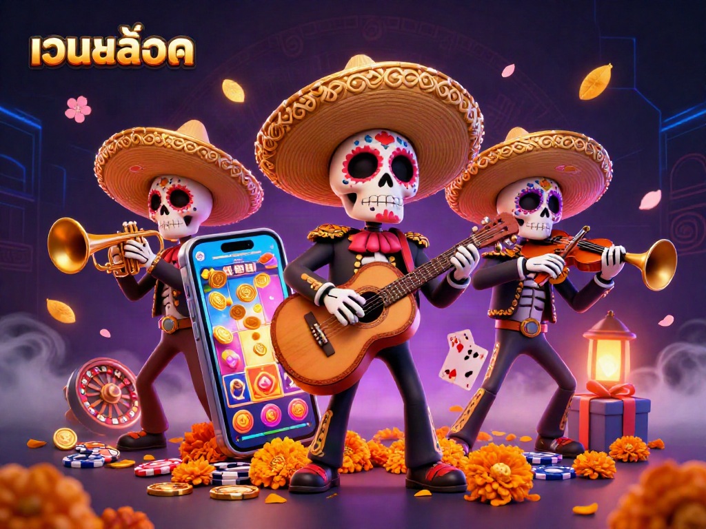 Experience เว็บสล็อต excitement with a vibrant 3D Dia de los Muertos mariachi band showcasing dynamic slot game action.