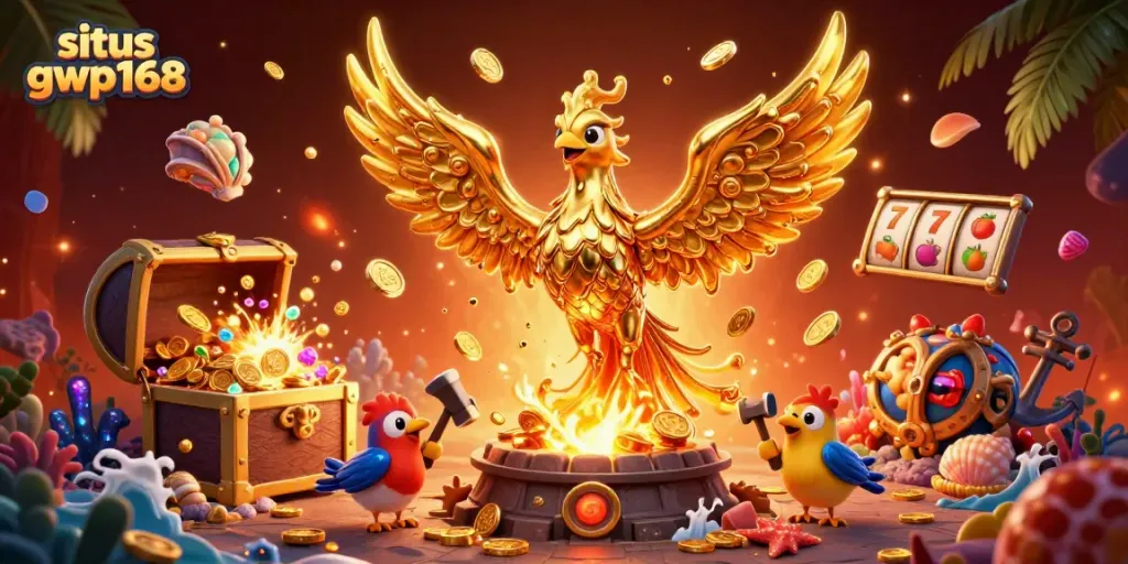 Permainan memegang situs gwp168 dengan phoenix emas dan elemen kasino eksplosif dalam ilustrasi 3D yang dinamis.