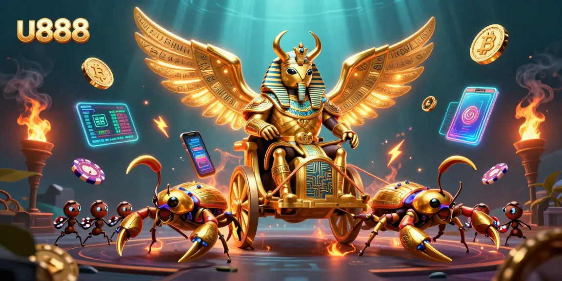 Engage in thrilling casino action with u888's vibrant 3D illustration showcasing golden characters and crypto elements.