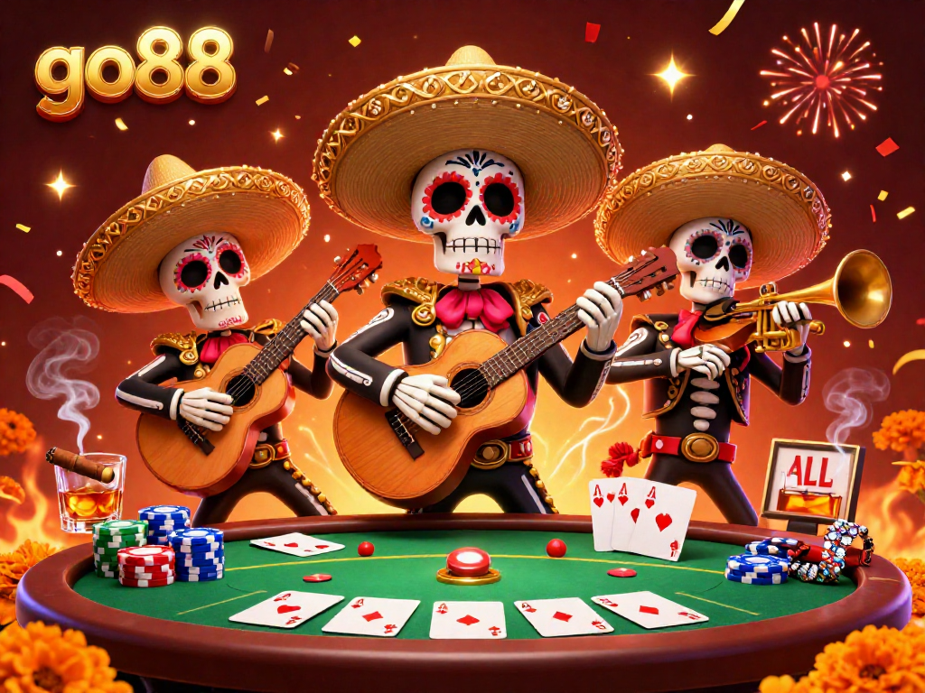 Engage with the go88 colorful mariachi band celebrating a thrilling poker scene filled with vibrant elements.