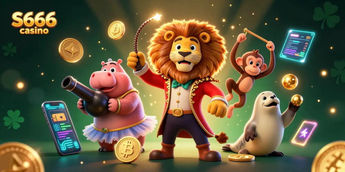 S666 casino captivates with a vibrant 3D circus scene featuring a lion, hippo, monkey, and seal surrounded by crypto elements.
