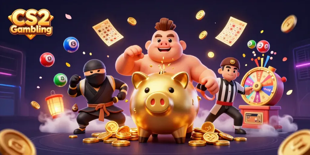 CS2 Gambling scene featuring a golden piggy bank sumo wrestler amidst vibrant lottery elements.