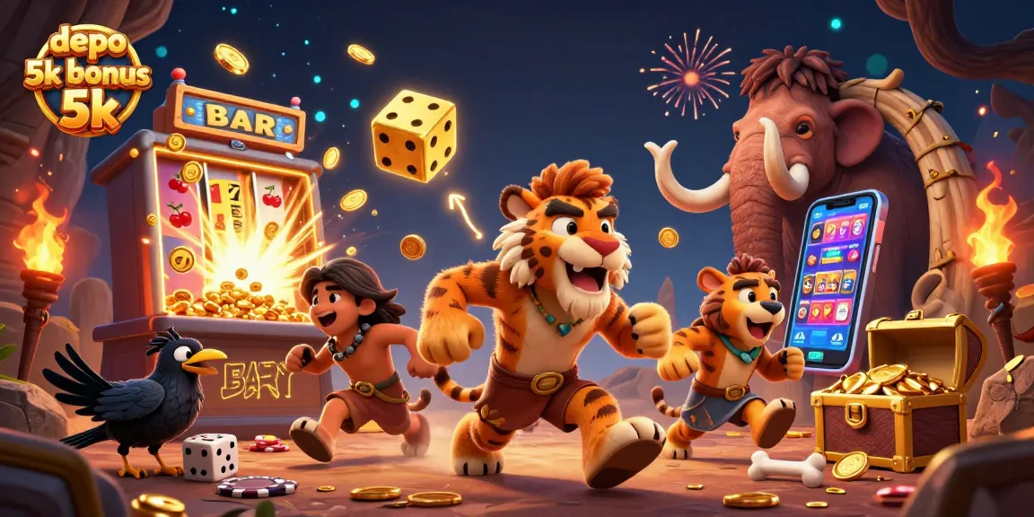 Experience excitement with depo 5k bonus 5k as caveman duo and tiger explore a vibrant casino.