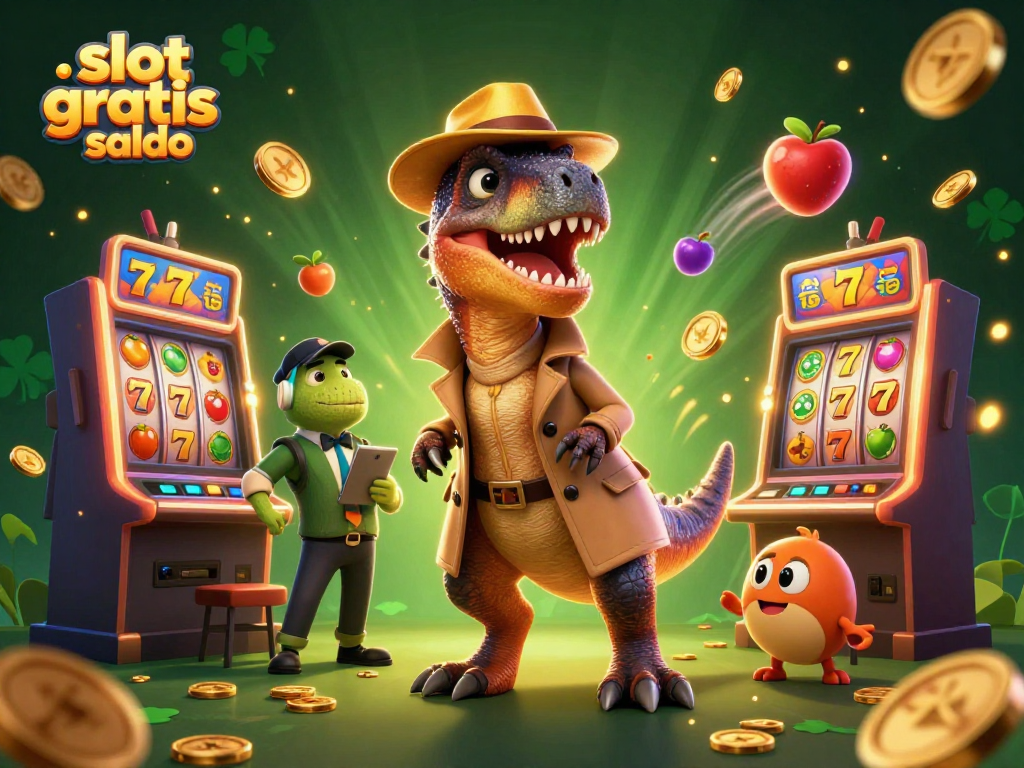 Spin slots with slot gratis saldo while a velociraptor card counter tries to blend in at a casino.