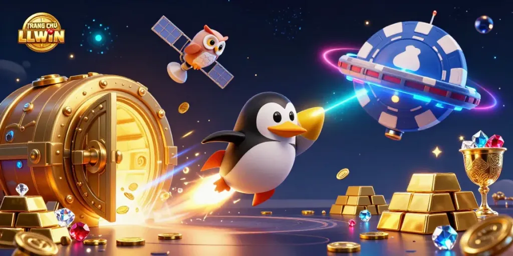 Experience TRANG CHỦ LLWIN with a stunning 3D illustration of a golden penguin and casino elements.