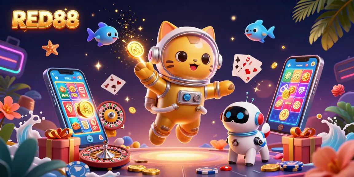 Experience vibrant winning actions at RED88 with a thrilling 3D illustration depicting space adventures and casino games.