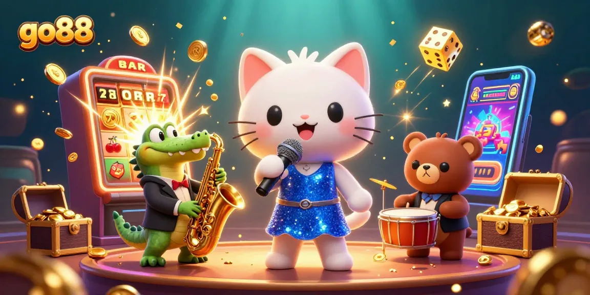Join the go88 adventure with a jazzy cat, crocodile, and bear cub at a vibrant casino stage.