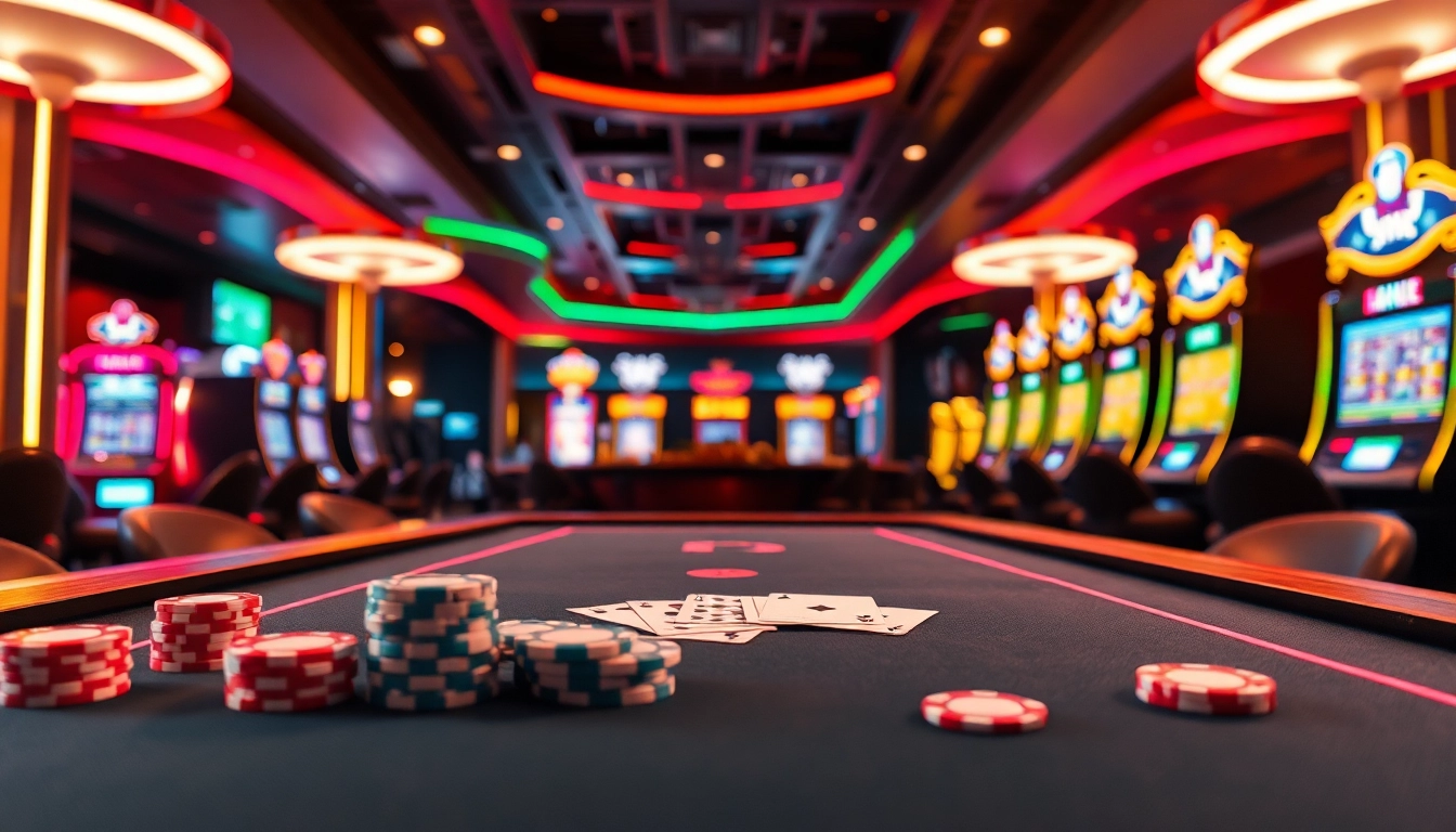 Slot deposit 5000 menampilkan suasana kasino yang glamor dan permainan kartu yang menarik.