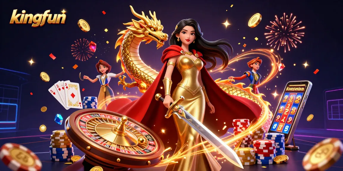 Experience kingfun's thrilling online casino with vibrant gaming elements and a warrior queen.