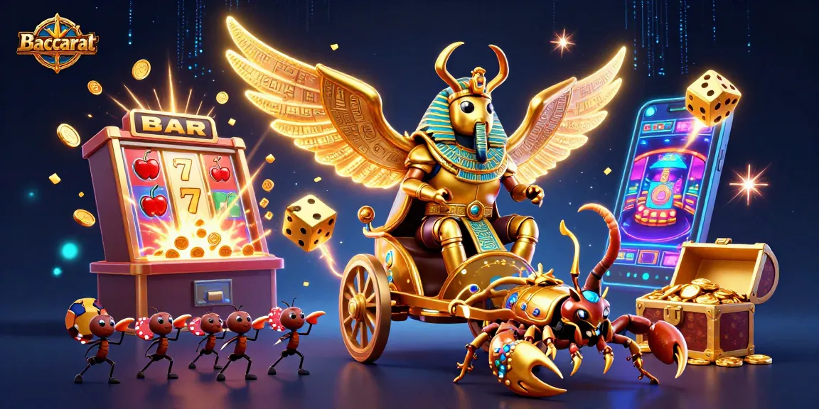 Baccarat game highlights with a colossal scarab beetle and chariot overflowing with casino treasures.
