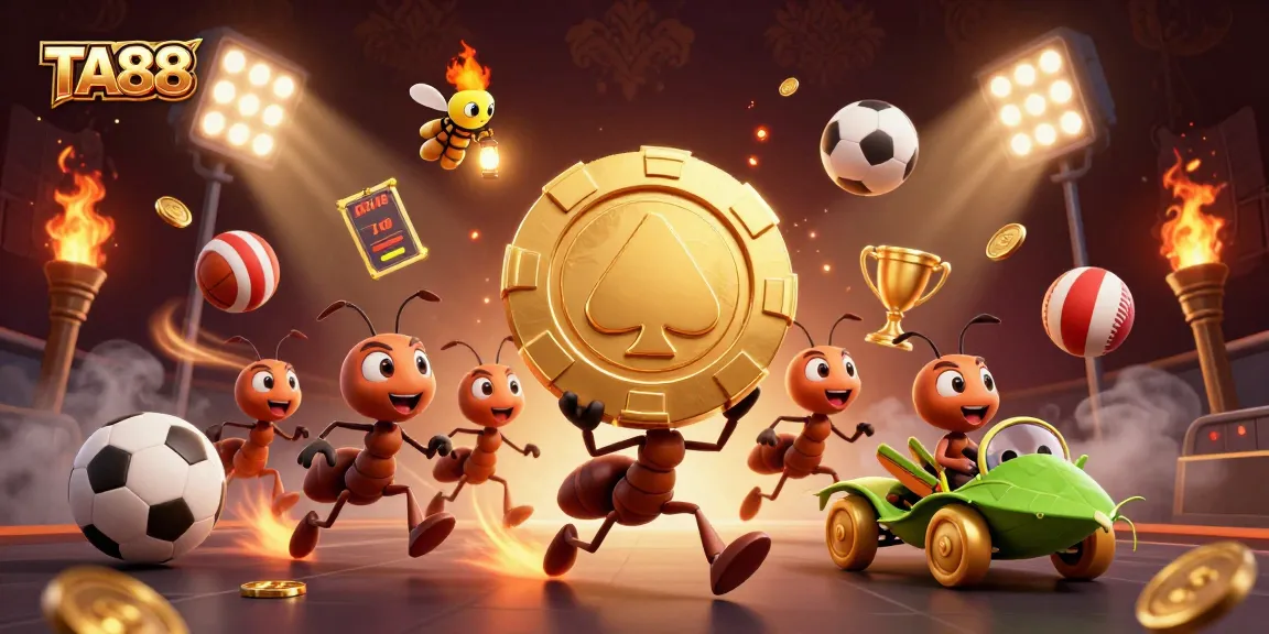 TA88 heist by ants with golden poker chip in a bustling casino-themed scene