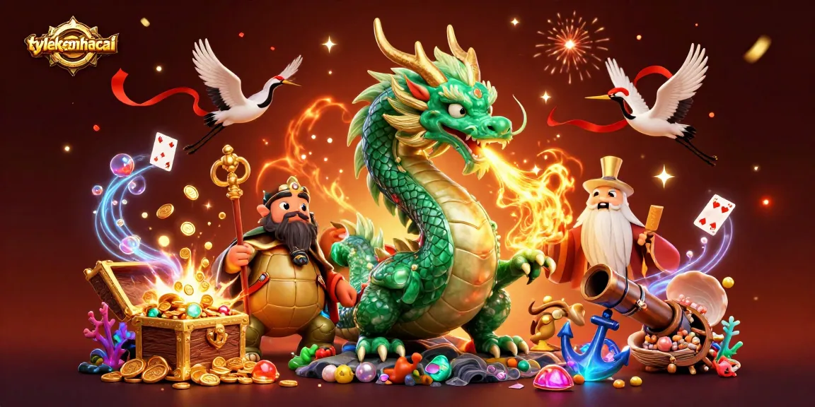 Engage with tylekeonhacai's vibrant casino world, featuring a jade dragon and lucky cranes amidst treasure.