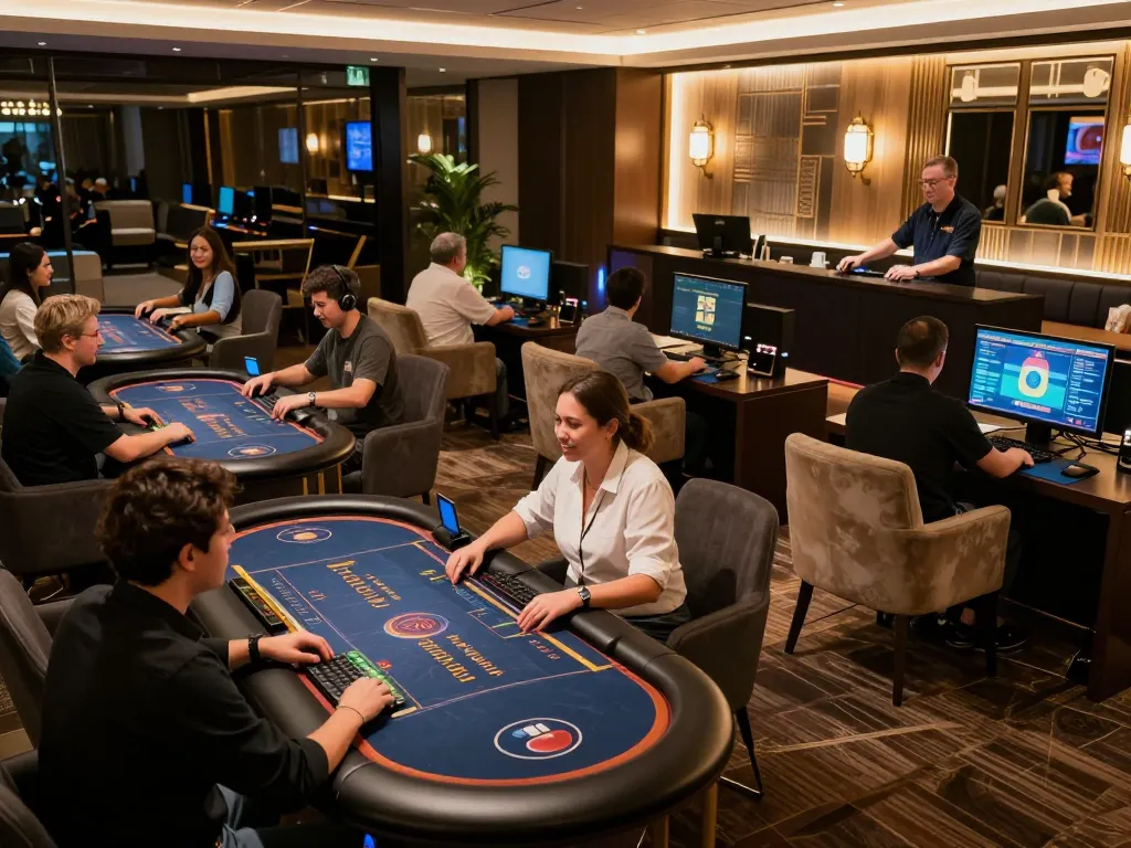 FAFA828 players engaging in live dealer games, showcasing an upscale gaming lounge atmosphere
