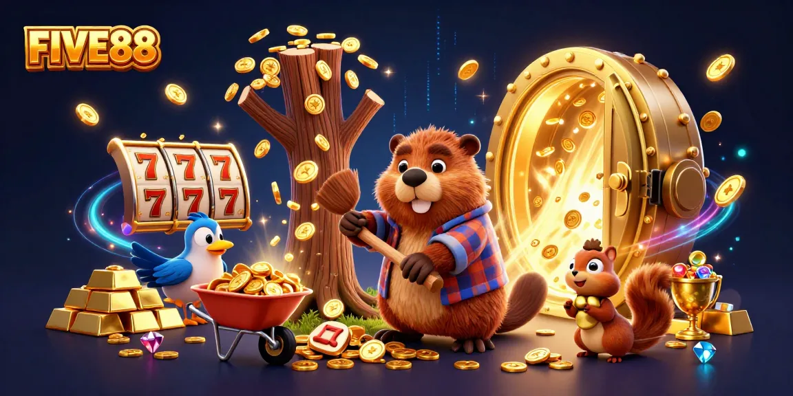 FIVE88 showcases a lively scene where a beaver and friends celebrate casino wins with coins and treasures.