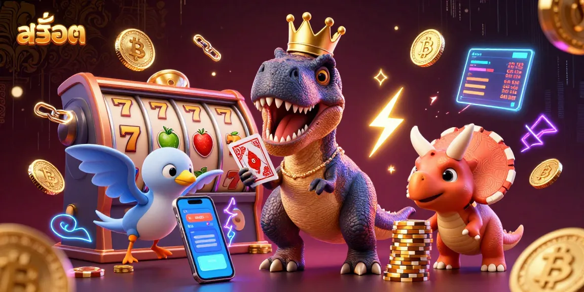 Engage withสล็อต in a vibrant 3D scene showcasing a T-Rex card shuffling with a pterodactyl assistant.