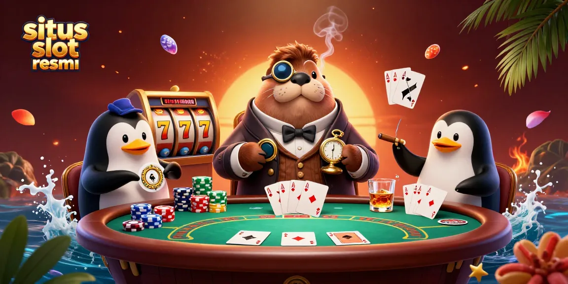 Situs slot resmi showcases players at an exciting underwater poker game surrounded by vibrant slot elements.