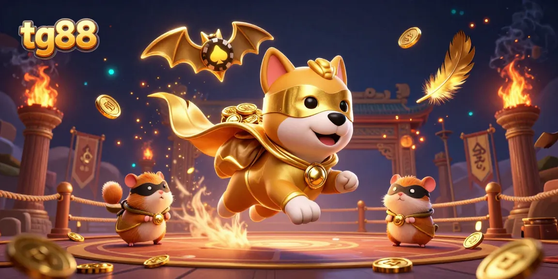 Engage in thrilling gameplay at tg88, with a superhero dog and hamster amidst casino elements.