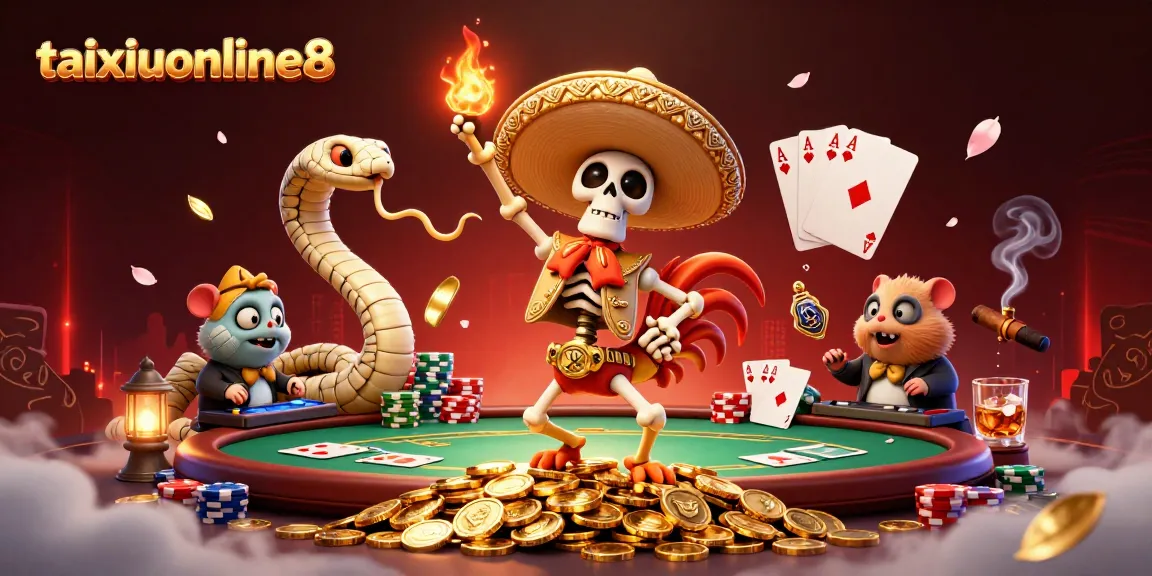 Experience thrill at taixiuonline8 with a vibrant 3D illustration of a mariachi rooster celebrating wins.