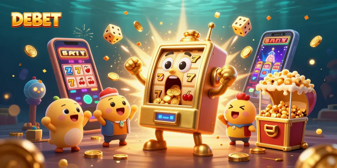 DEBET slot machine celebrates a jackpot with coins and cheering machines, showcasing casino excitement.