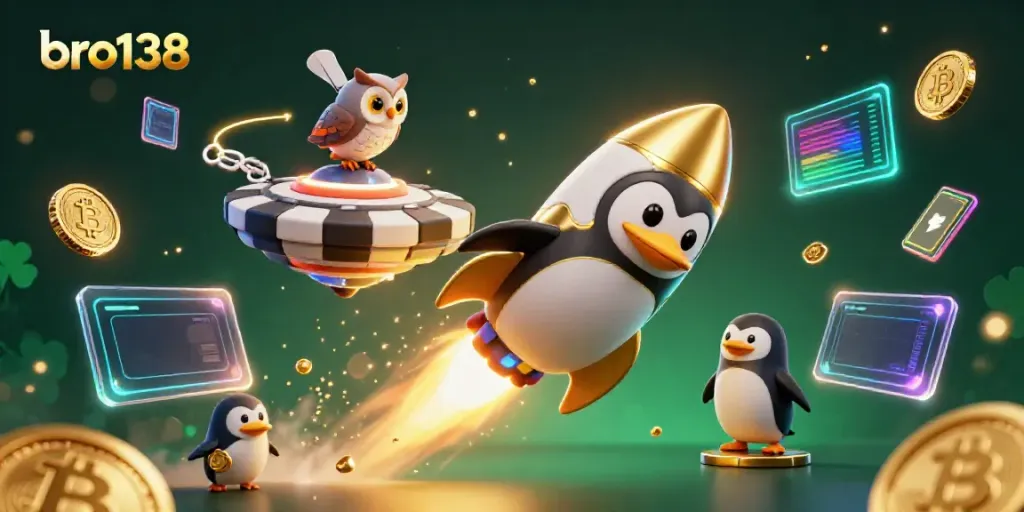 Experience thrilling action with bro138 as a golden penguin zooms past a vibrant casino space station.