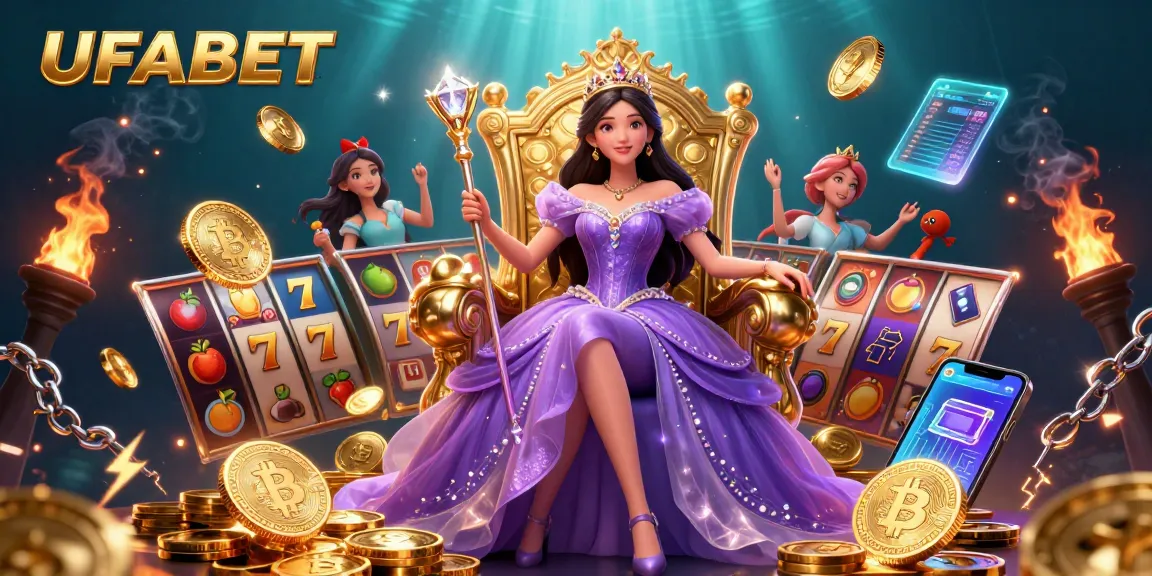 Spin the reels at UFABET with a stunning fairy-tale princess in a vibrant casino setting.