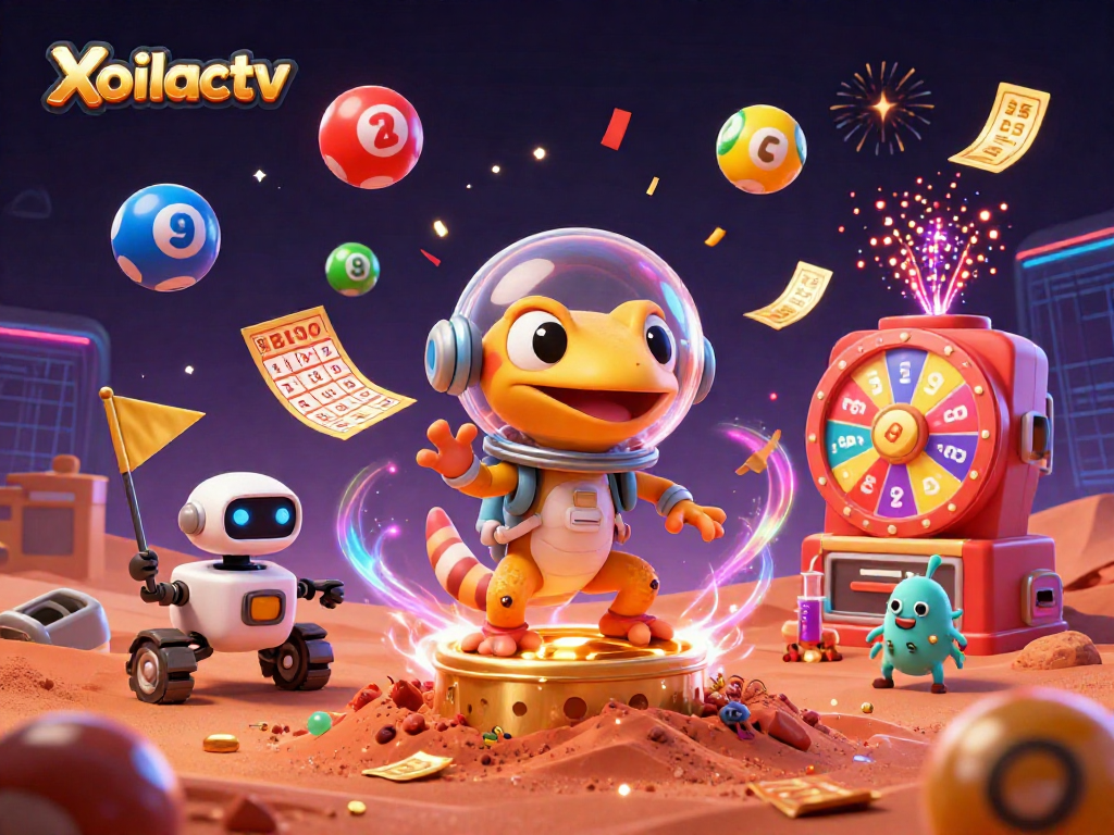 Xoilactv reveals a Martian gecko discovering a unique casino amidst vibrant lottery elements.
