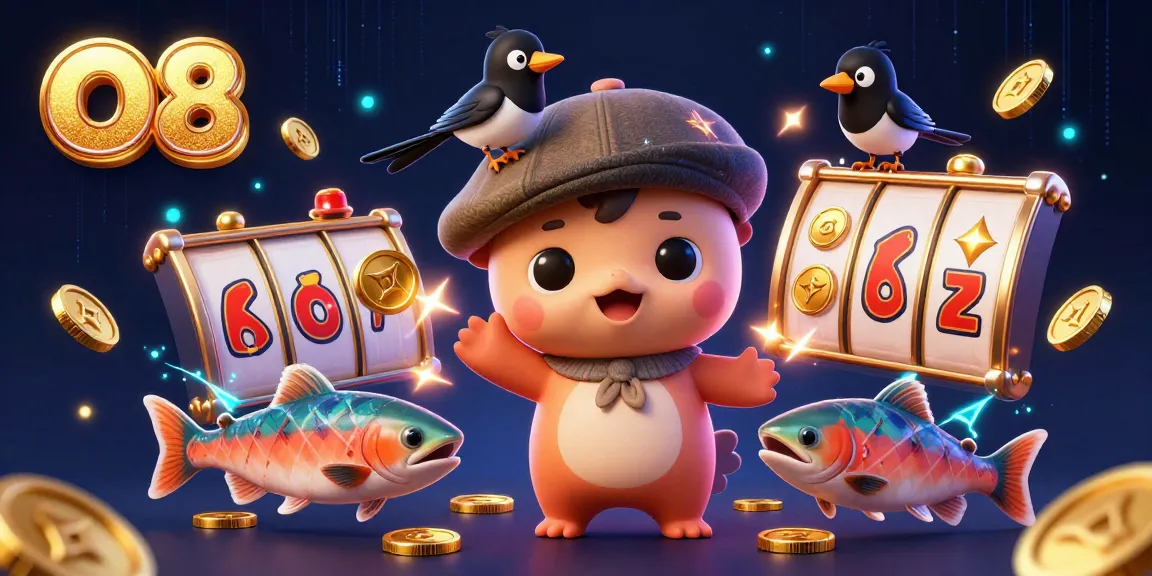 Experience thrilling slot games at O8 with a playful illustration of Nessie, magpie, and salmon surrounded by jackpot symbols.