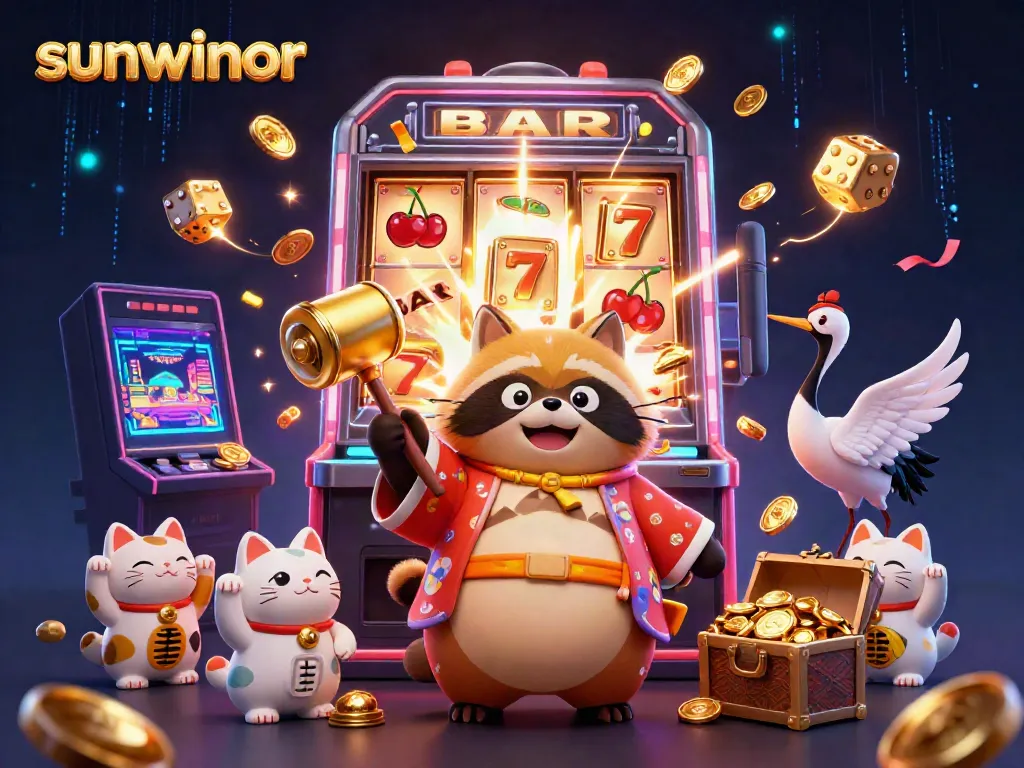 Spin to win with sunwinor's vibrant 3D casino scene, showcasing dynamic characters and slot machine action