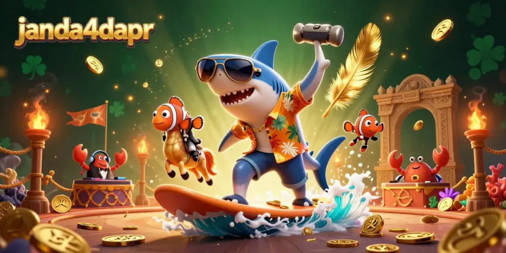 Ilustrasi menarik dari janda4dapr dengan ikan hiu dan koin emas di lautan, serta DJ kepiting di panggung karang.