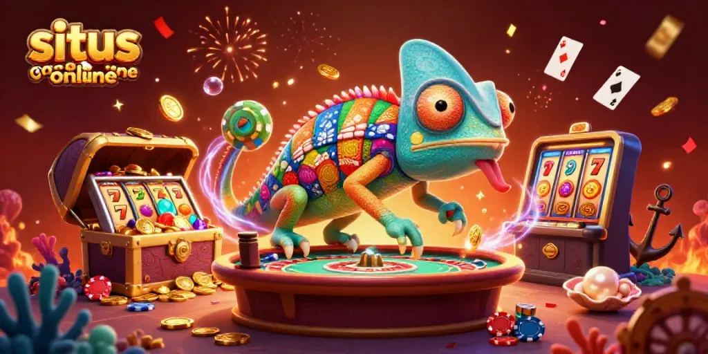 Experience the excitement of situs game online with a vibrant casino scene featuring a chameleon owner amidst lively games and treasures.