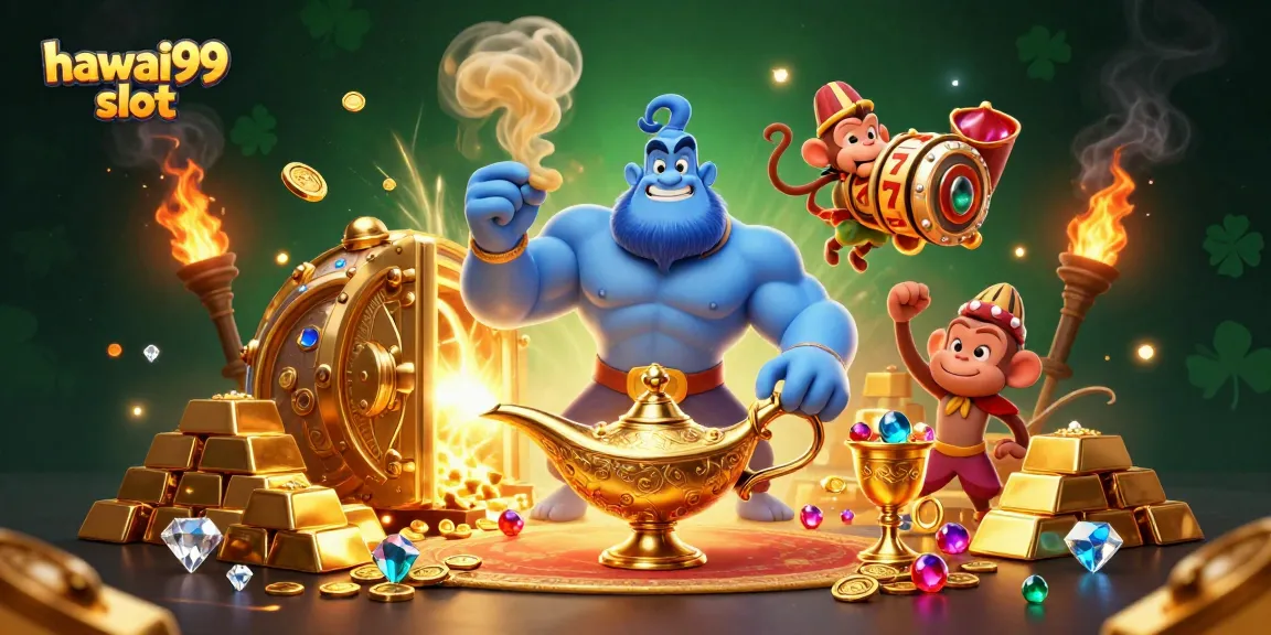 Experience winning moments with hawai99 slot in a vibrant 3D casino illustration.