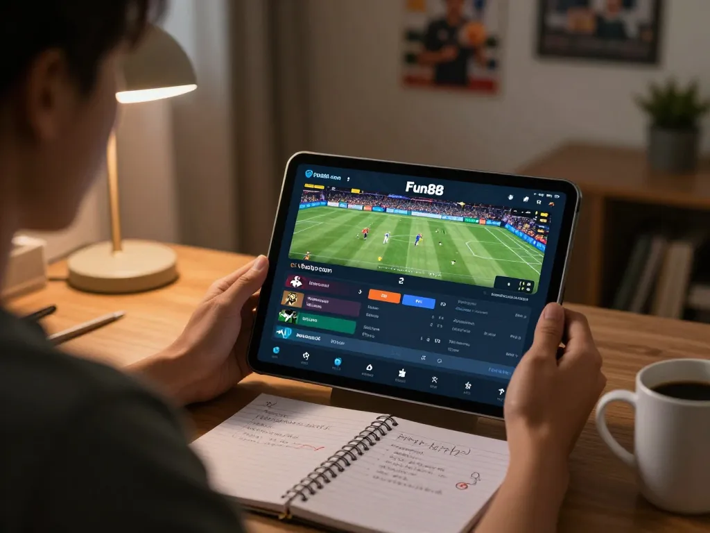 Betting on sports with Fun88 com on a tablet, showcasing strategic gameplay and engagement