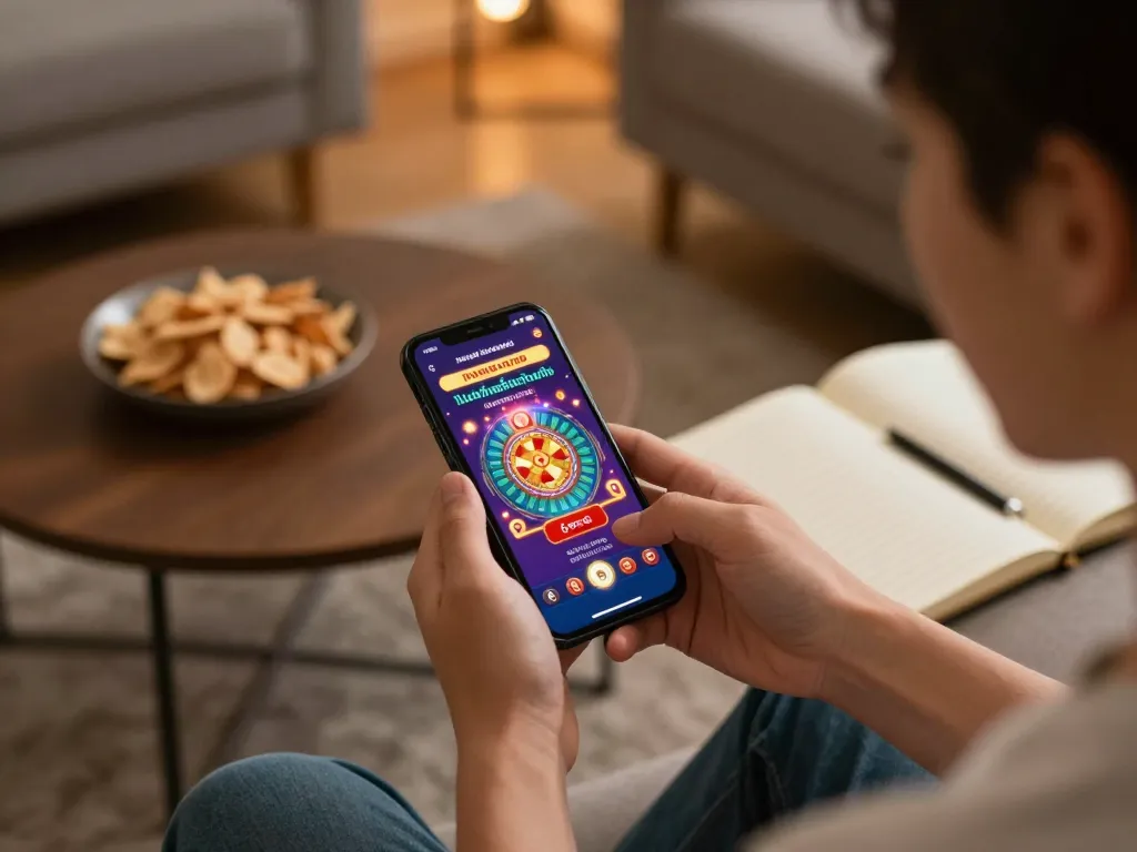 Engaging with the casino app on a smartphone while enjoying online gambling at home with ทางเข้า m122.