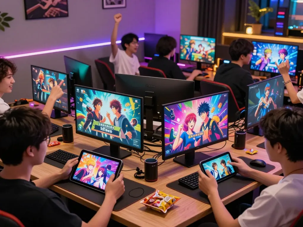 Players engaging with free porn games on various devices in a lively gaming room.
