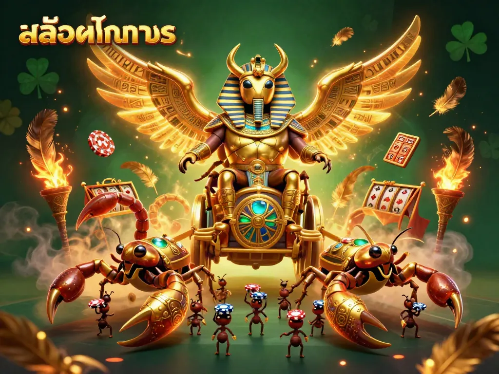 Experience สล็อตทดลอง with a dynamic illustration showcasing a golden scarab beetle, slot elements, and dramatic effects.