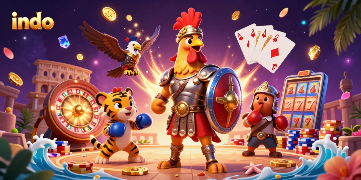 Experience the thrill of indo casino games with a vibrant, animated 3D rooster and glittering elements.