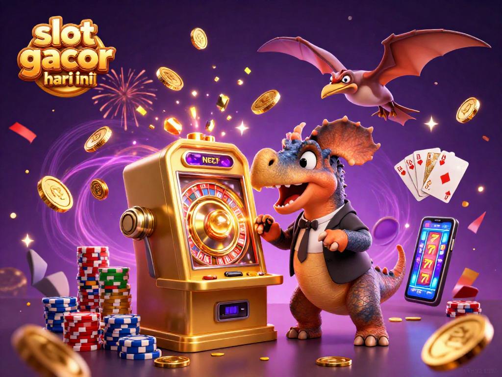 Experience the excitement of slot gacor hari ini as a pachycephalosaurus triggers a jackpot, surrounded by flying coins and casino elements.