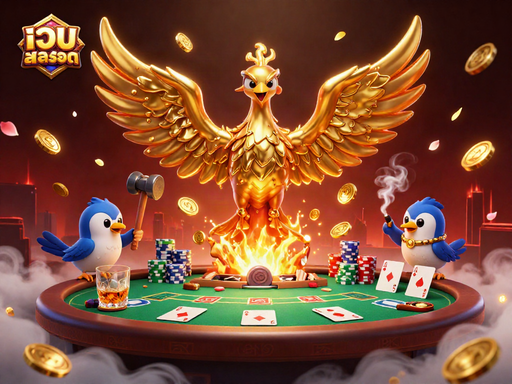 Experience thrilling เว็บสล็อต action in a vibrant, animated casino setting with golden treasures and playful characters.