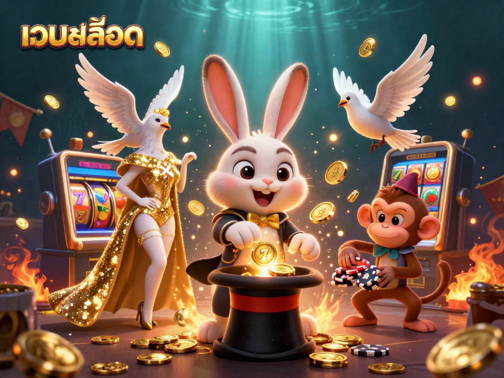 Experience the magic of เว็บสล็อต with a magician rabbit, dove, and monkey amidst slot reels and golden coins.